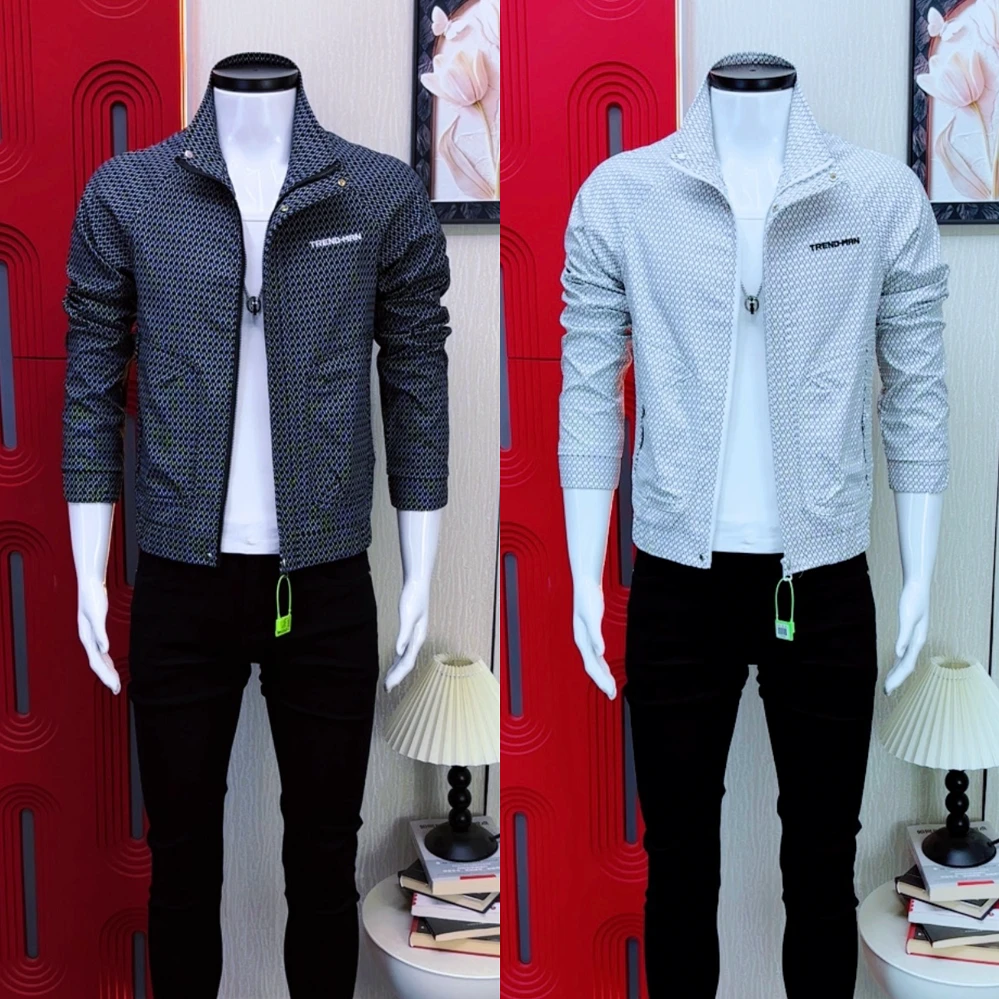 高级感潮男格子款夹克刺绣痞帅韩版立领春秋帅气外套时尚修身上衣