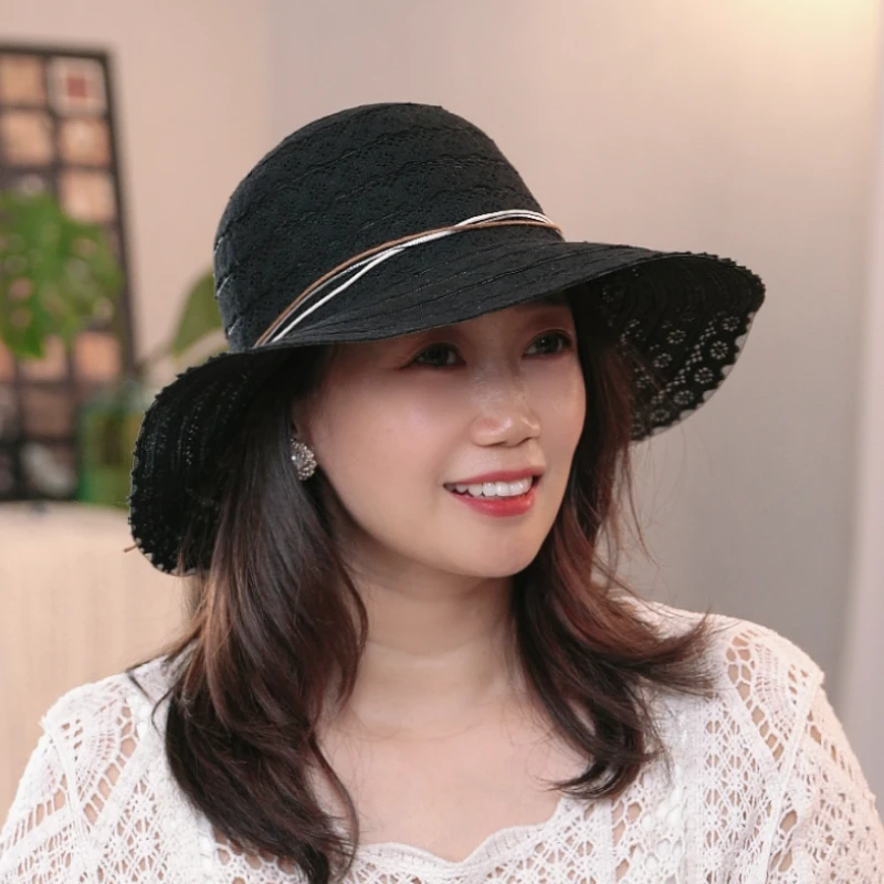新款蕾丝镂空渔夫帽夏时尚百搭大帽檐显脸小休闲防晒沙滩遮阳帽女