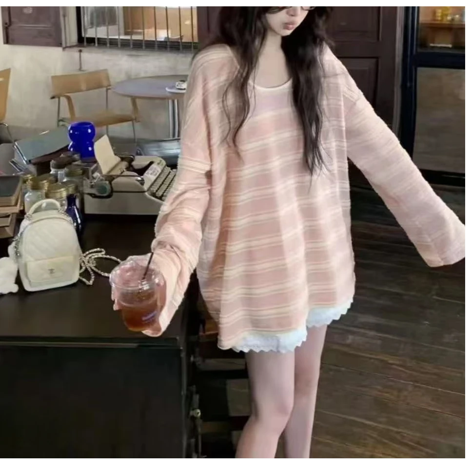 【蛋壳&春日单行线Tee】韩单！甜美温柔长袖T早春慵懒百搭条纹上衣T