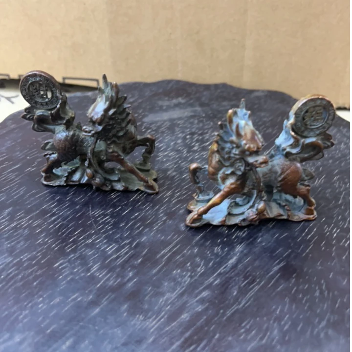 【孤品捡漏】铜小对麒麟摆件