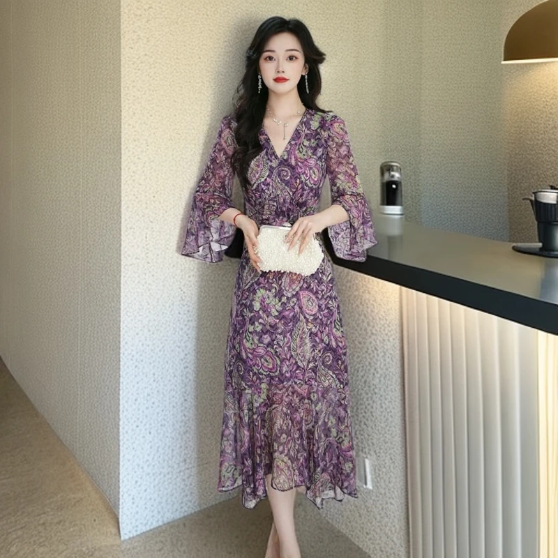 【丹莱姿定制】女人味碎花连衣裙2025年夏季气质收腰显瘦鱼尾裙子