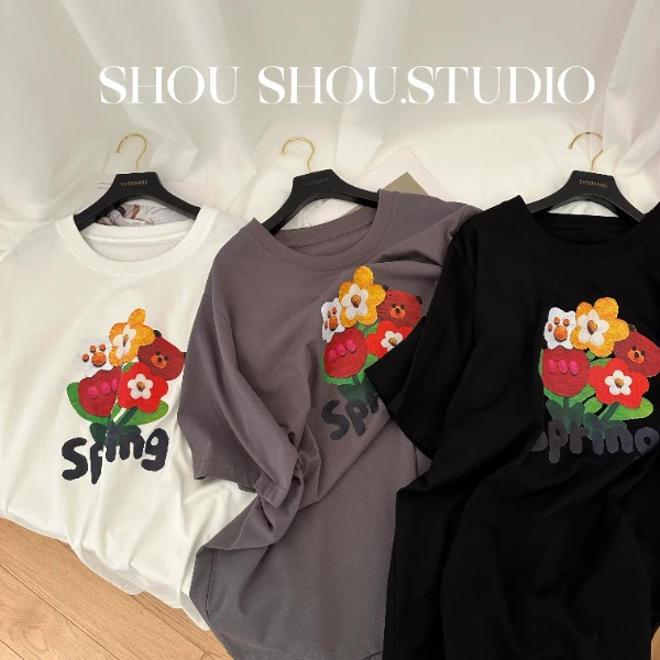 【瘦瘦】幂幂同款-大码夏季无感印花花与熊可爱百搭显瘦短袖S01572