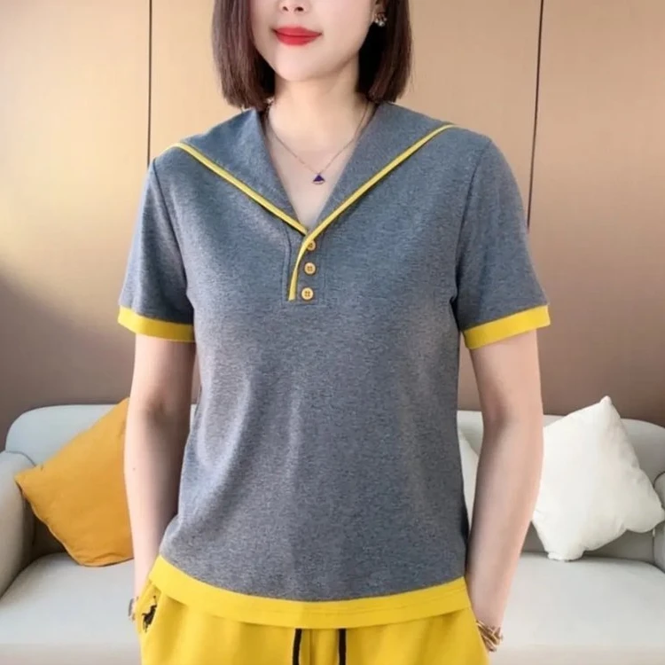 爆款海军领短袖T恤女2025夏季新款时尚洋气拼接显瘦百搭宽松上衣