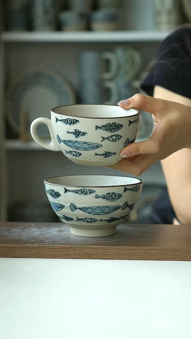 粗陶手绘鱼群赶海米饭碗12cm+咖啡杯300ml@4-2@