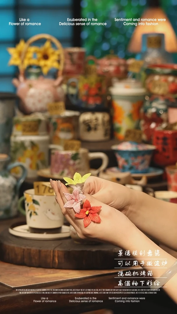 陶瓷随机三朵景德镇高温釉下彩手工手绘款式