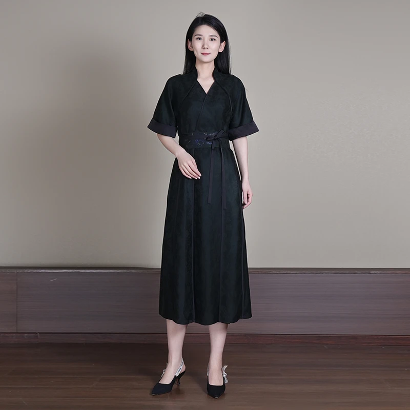 浒城古娘国风桑蚕丝香云纱气质优雅女暗香香云纱连衣裙HBSS060066