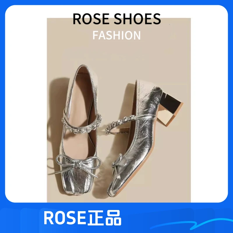 【ROSE正品】5CM羊皮方头法式蝴蝶结高跟鞋2025年新款玛丽珍单鞋