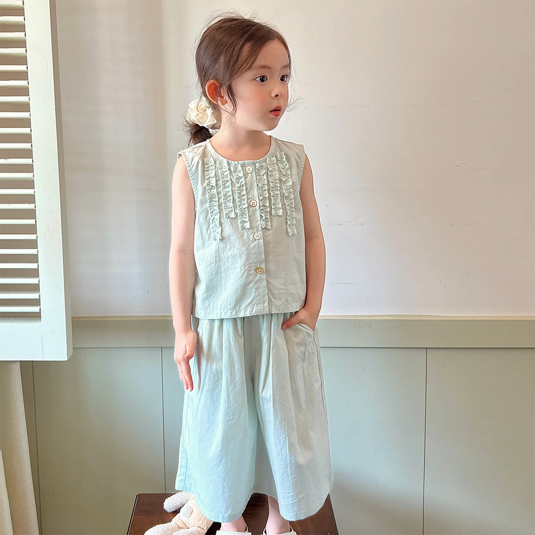 现货【绿豆沙】4915纯棉女童夏季背心宽松纯色清新无袖两件套装