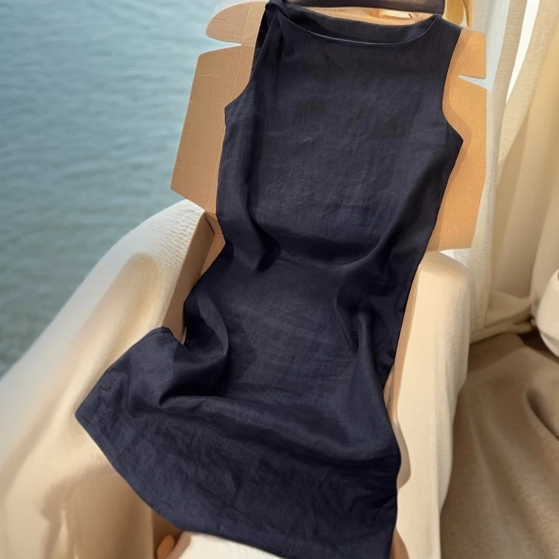 黑色亚麻扭结背心连衣裙女夏季新款复古气质高级感圆领无袖长裙子