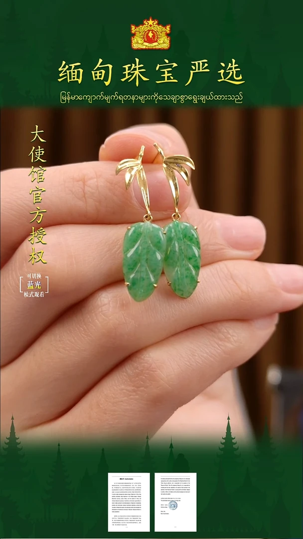 18K金镶嵌翡翠耳饰 缅甸珠宝严选