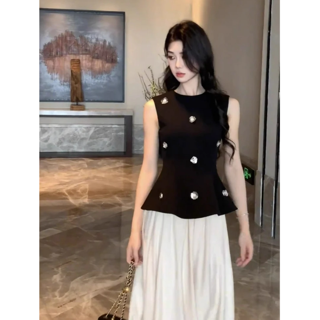 法式小香风套装女2025夏季新款复古气质钉珠收腰背心高腰A字半裙