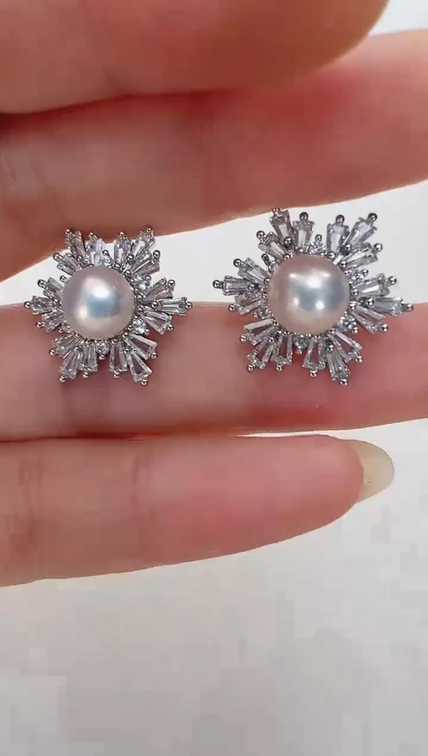 【闪购商品】淡水珍珠耳饰合金银色雪花