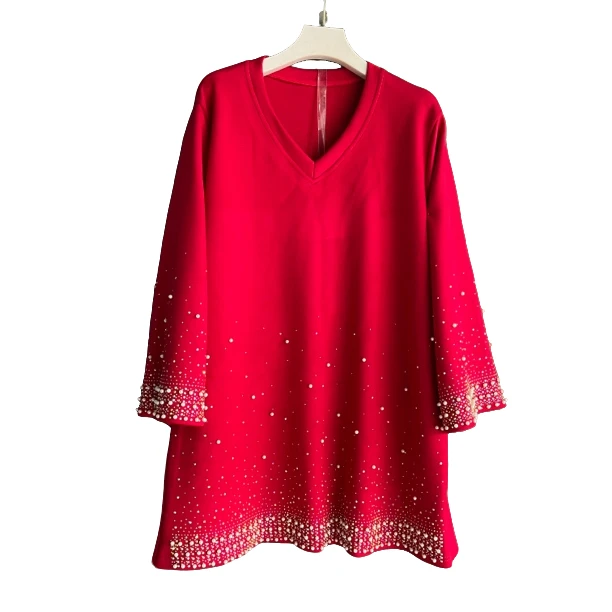 T恤拼接长袖中长款V领纯色订珠连衣裙中式设计师