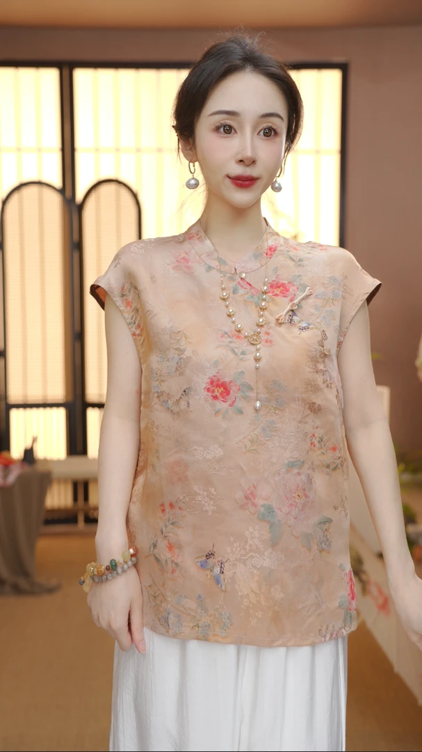 新中式2025夏季气质百搭提花立领短袖上衣女FB2507011