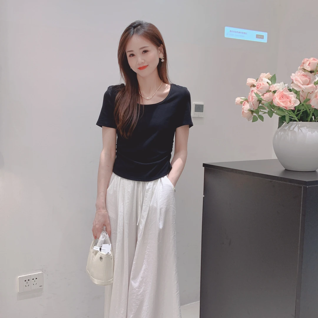 夏季精选【蕾丝交叉】小心机露背短袖T恤弹力软糯亲肤独特方领上衣