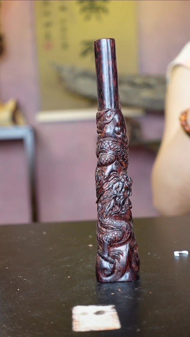 木本降真香海南红降根油实心香胆盘龙柱把件