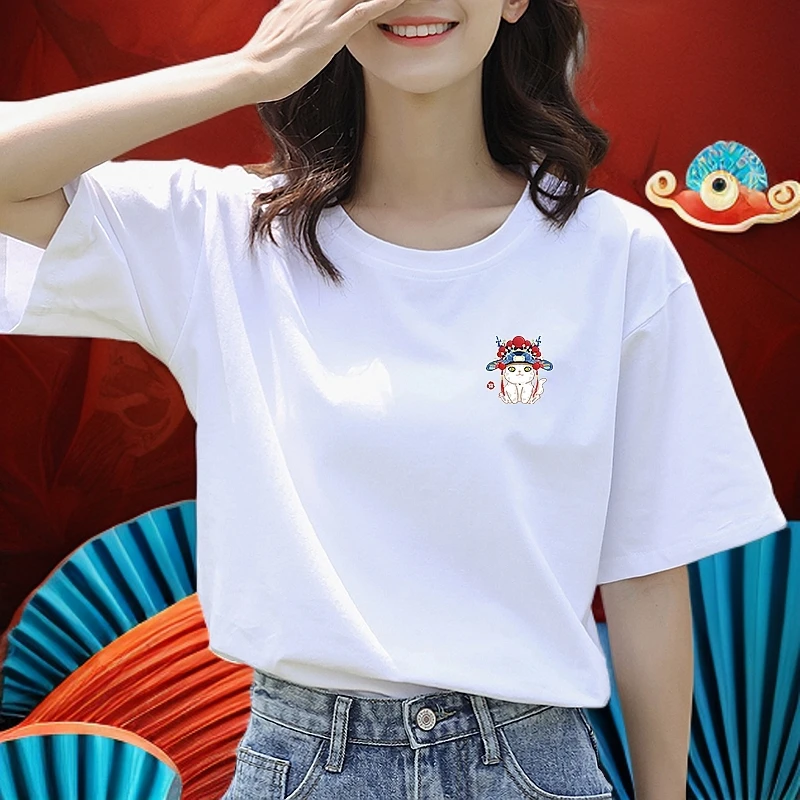 国朝纯棉短袖圆领极简风印花T恤印花夏季半袖t恤外穿宽松时尚情侣