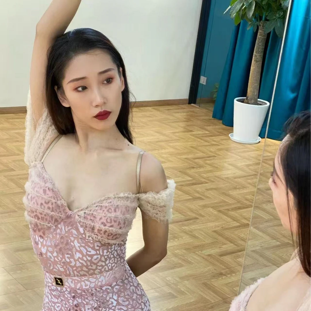 TDANCE清仓女士拉丁舞豹纹性感包臀蕾丝修身豹纹半裙