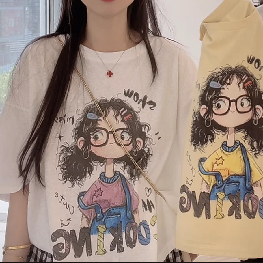 设计感雪花棉卡通图案短袖t恤女2025新款休闲韩版宽松圆领上衣潮
