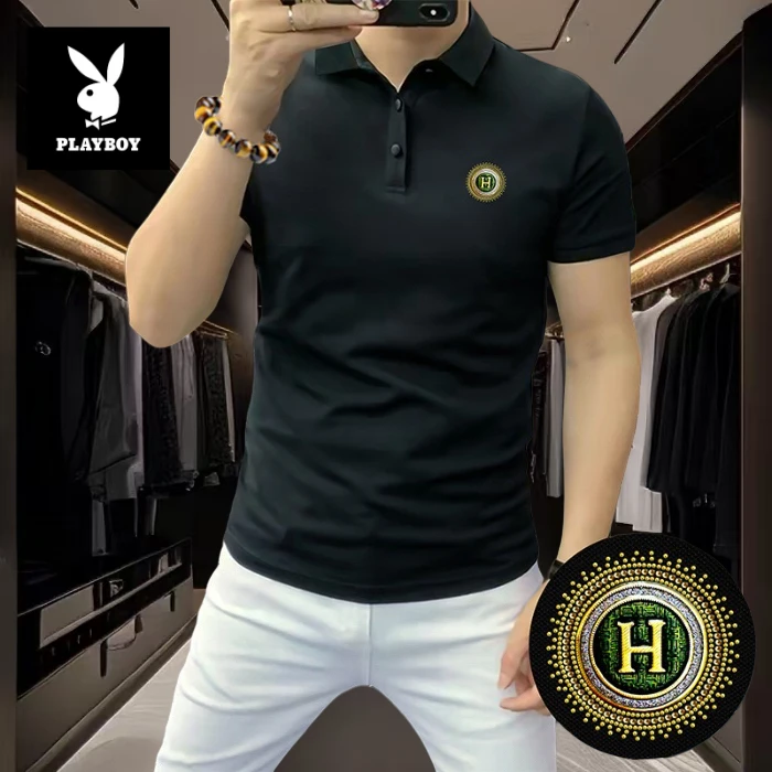 花花公子新款男士短袖T恤Polo衫烫钻字母翻领男装半袖欧版修身型