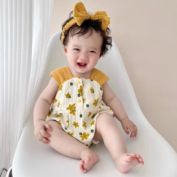 2025夏季婴幼儿宝宝无袖花朵哈衣婴儿包屁衣清爽透气爬服外出服潮