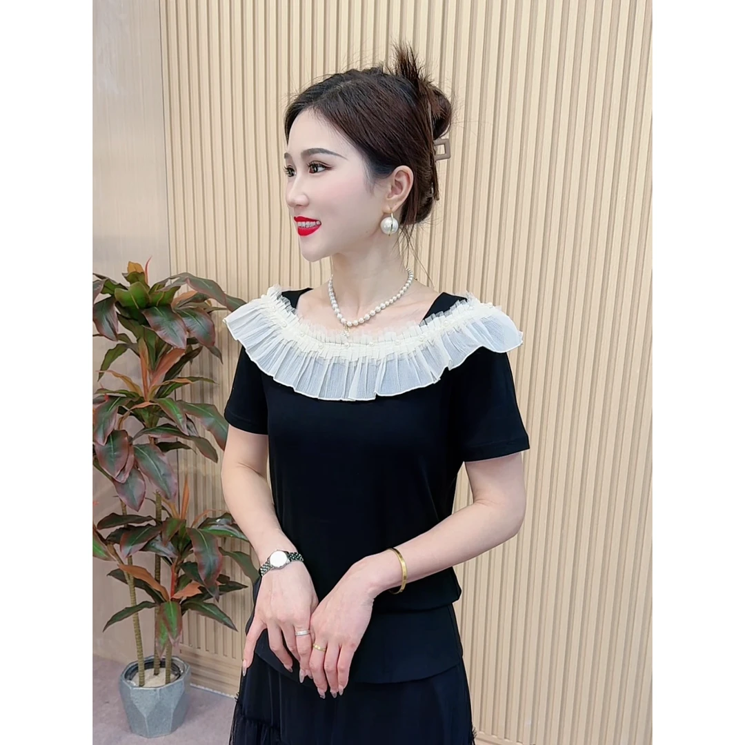 夏季新款精致荷叶花边领串珠时尚韩版T恤休闲百搭短袖上衣8897