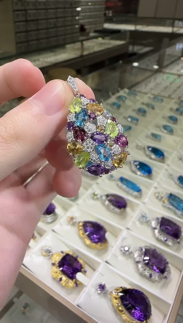 颈饰银S925镶嵌紫晶多彩宝石吊坠