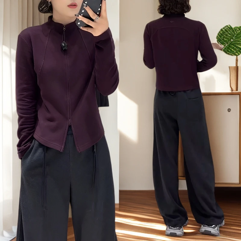立领拉链长袖开衫+高腰阔腿裤2025春秋新款时尚酷飒运动风套装女