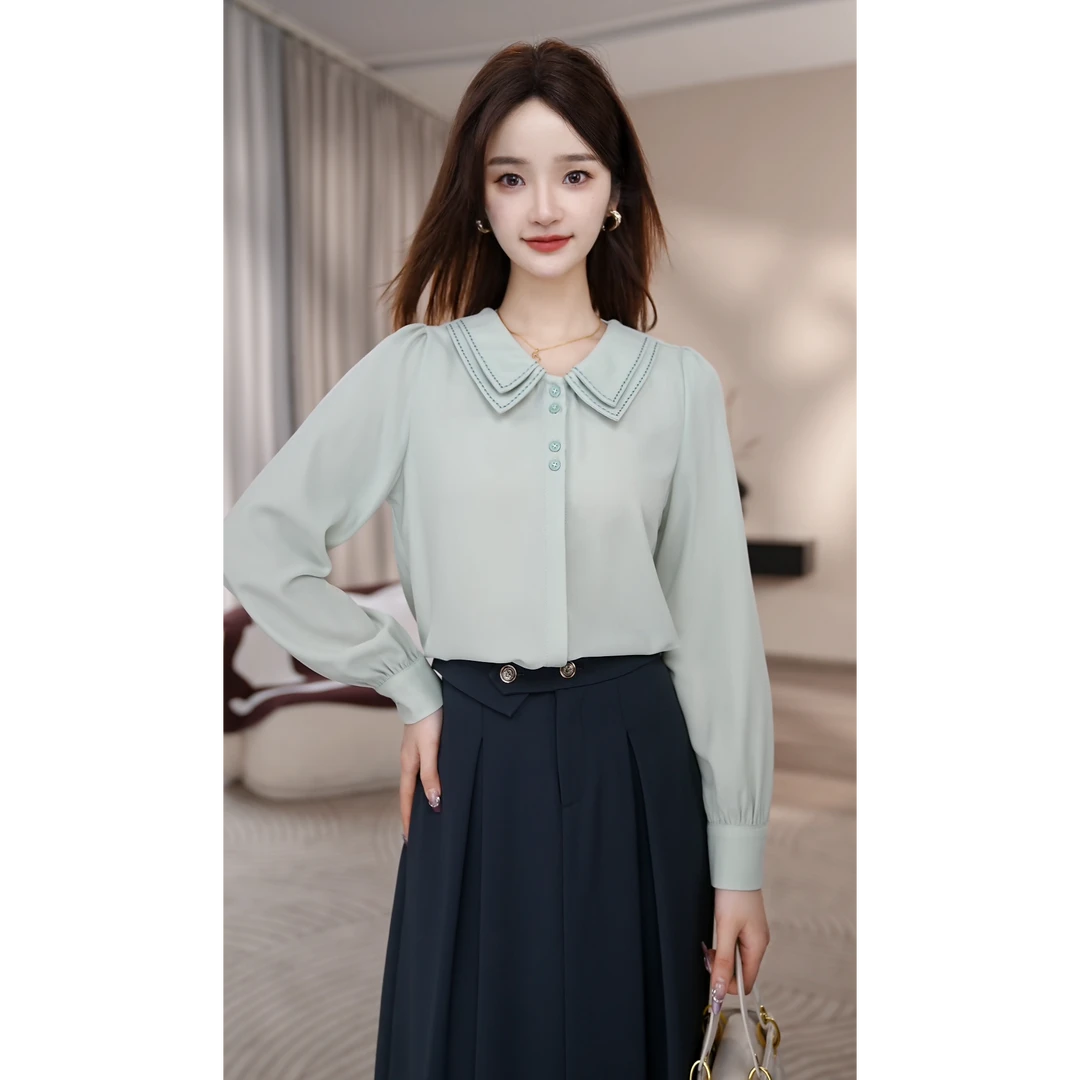 曼贝长袖衬衫女春秋舒适通勤洋气百搭长袖显瘦上衣8491077【佳莹】