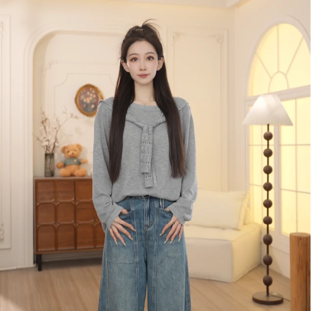 Basic House/百家好2025初秋上新时尚气质显瘦长袖针织衫NQH70