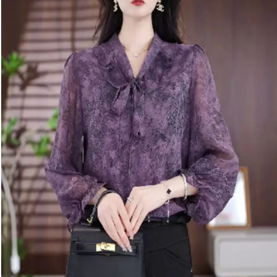 X8819高端时尚长袖碎花雪纺衬衫女2025春季新款显瘦气质衬衣女