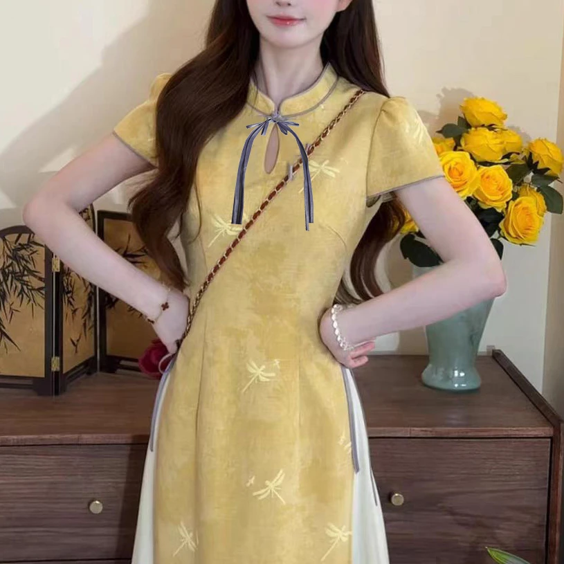 现612-7#新中式蝴蝶结蜻蜓印花撞色拼接假两件旗袍裙