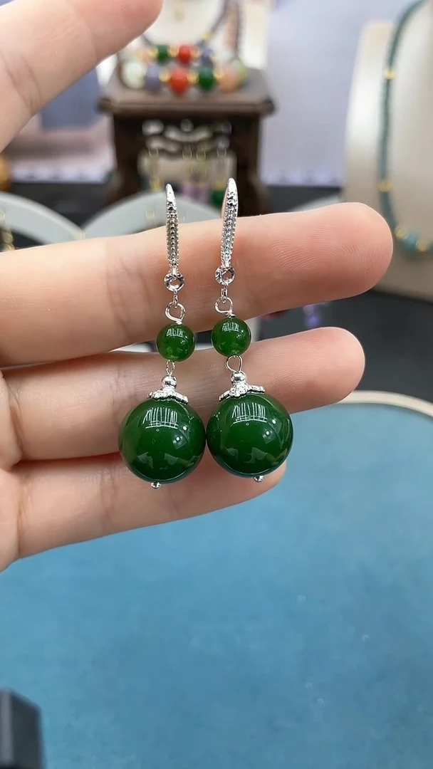 和田玉银S925镶嵌耳饰14mm碧玉双珠*BY2