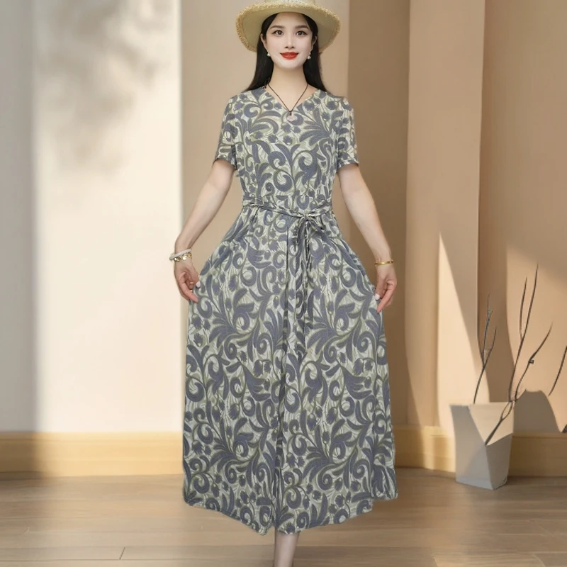 夏季新款妈妈装连衣裙宽松收腰夏季中长款气质显瘦连衣裙