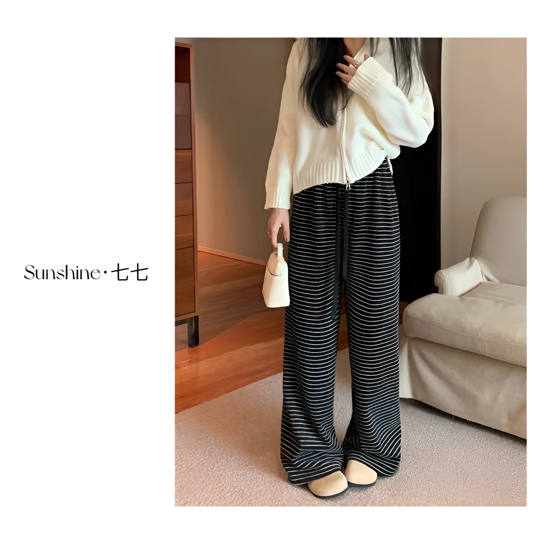 Sunshine【慵懒神裤】百搭显瘦高小众设计感韩风条纹百搭加绒阔腿裤