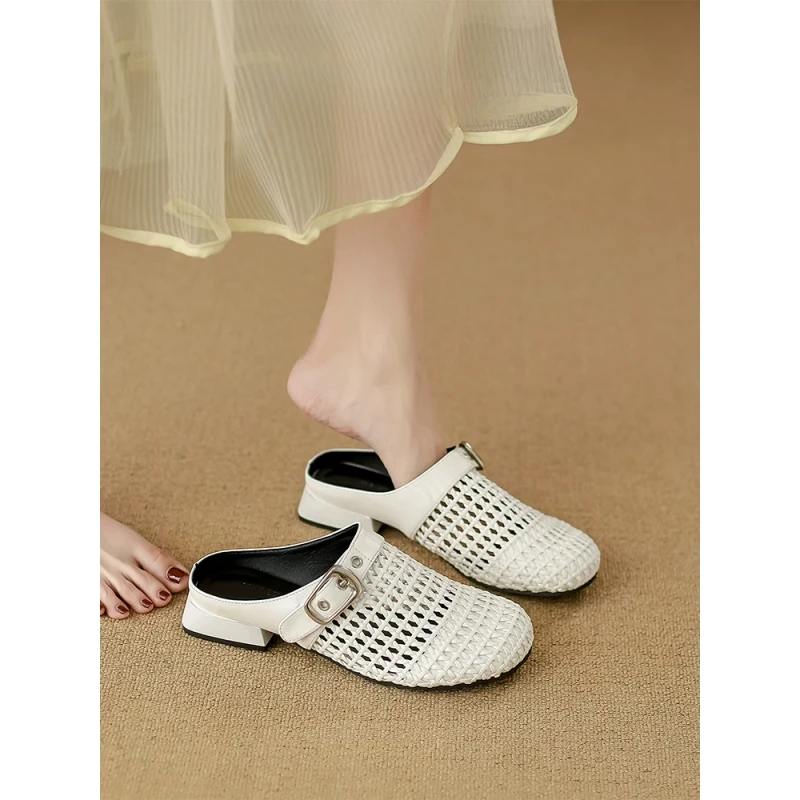 羊皮版~复古一字带半拖鞋女夏季百搭编织镂空透气外穿包头洞洞鞋