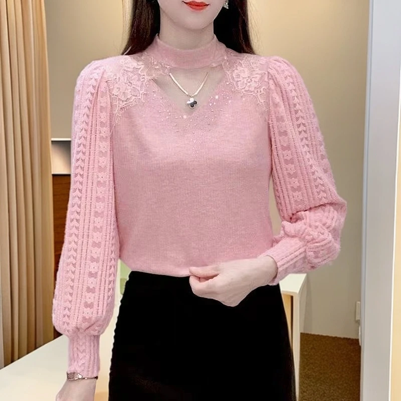 气质加绒长袖蕾丝打底衫女秋冬2025烫钻洋气时尚显瘦百搭保暖上衣