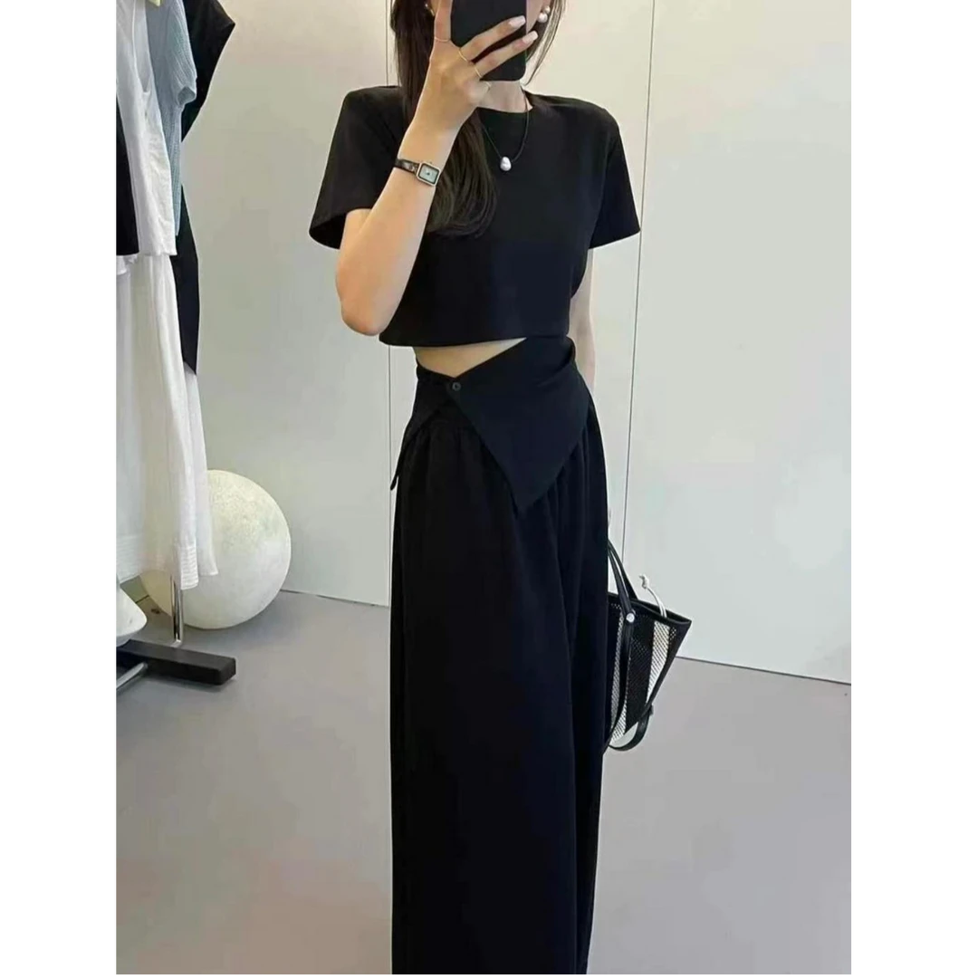 M227 韩系通勤套装女2025夏短袖圆领上衣高腰阔腿休闲长裤