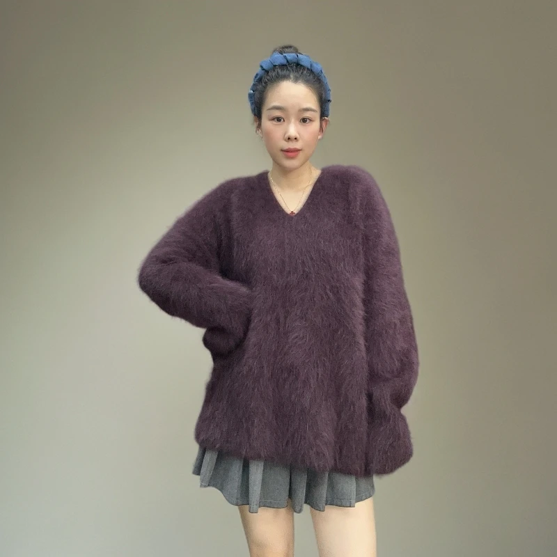 {V真毛拉绒 } V领 秋冬百搭时尚加厚慵懒风真毛长毛气质网红套头