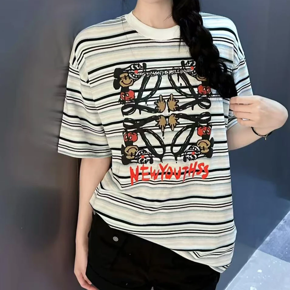 ME圆领常规款短袖抗皱短袖条纹T恤网红宽松时尚休闲黑白韩版