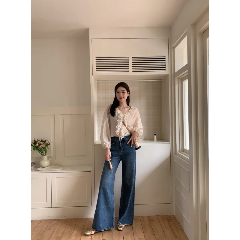 48H【梨形梦中情裤】高个子加长高腰直筒垂阔腿拖地牛仔裤女 SP029