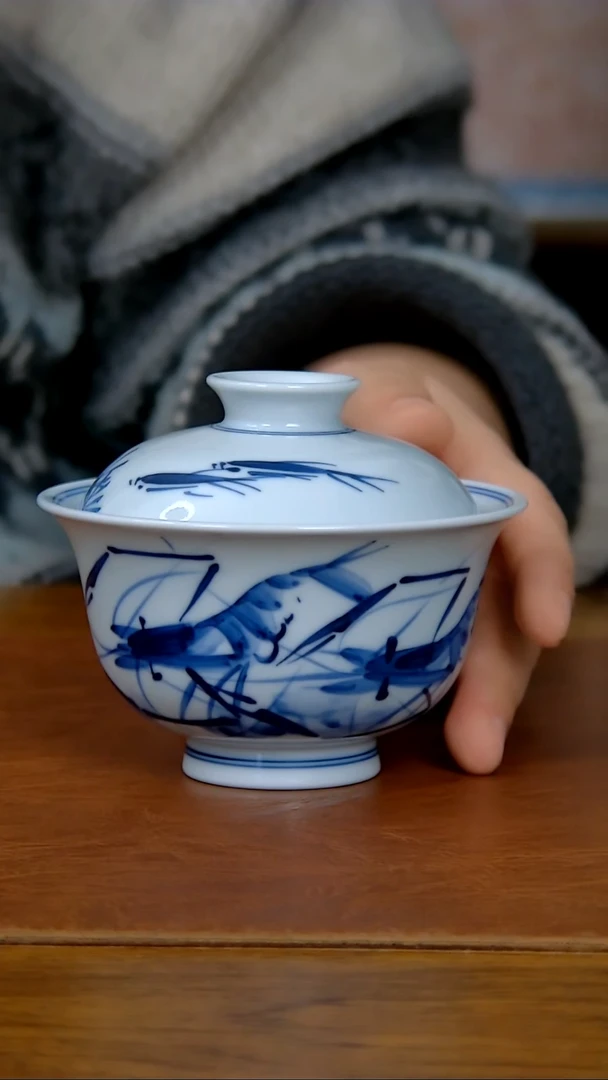 【闪购商品】陶瓷写意虾趣两才盖碗