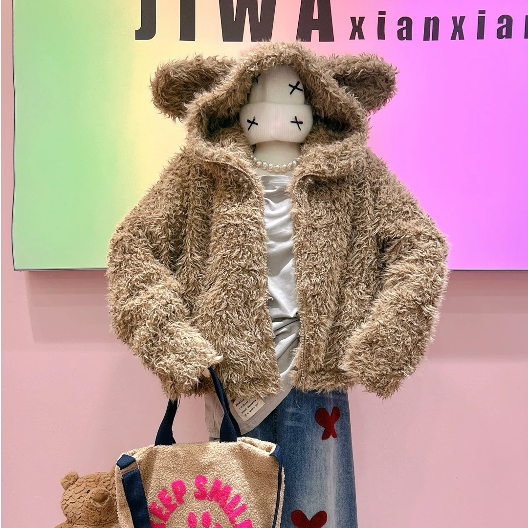 【纯熙+】15959秋冬新款兔耳朵毛绒外套女韩版宽松百搭遮肉