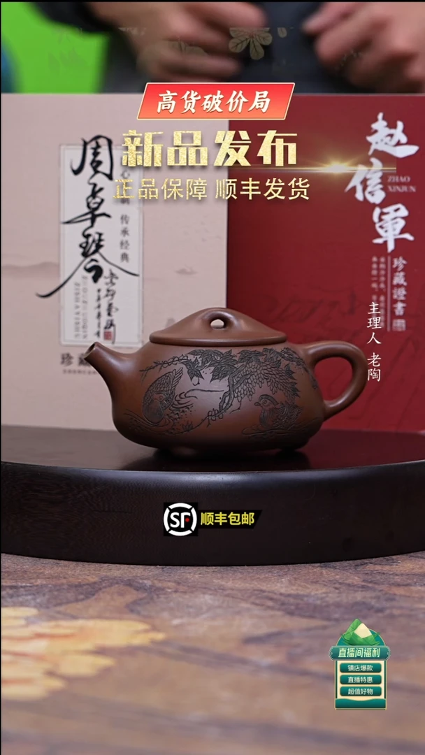 茶壶紫砂革紫泥刻绘景州石瓢300cc