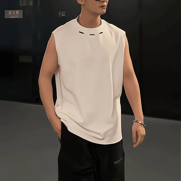 2025新款男小领口T恤夏季运动背心美式坎袖设计感痞帅重磅无袖男