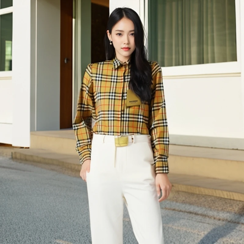 全新未使用 BURBERRY/博柏利 9984176 格纹翻领女款衬衫 驼色 UK4