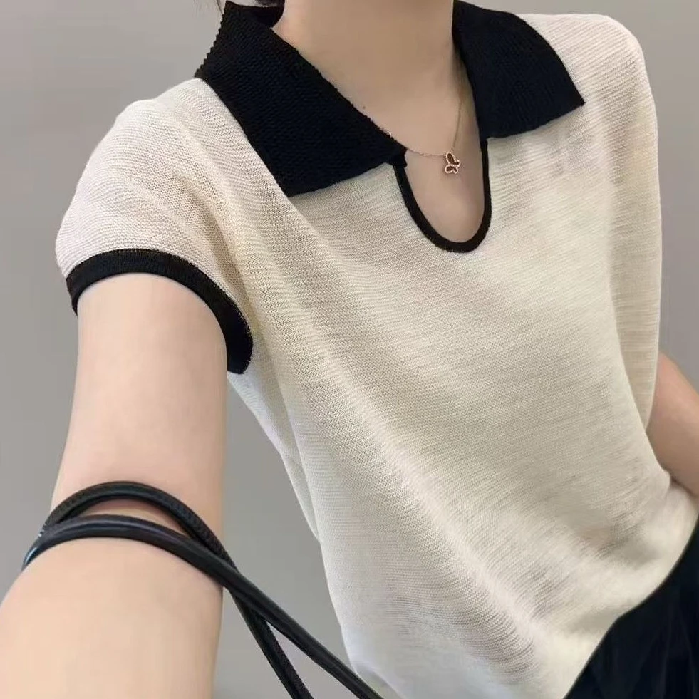 哥弟阿玛施正新款翻领撞色小众针织衫气质洋气短袖T恤百搭女上衣
