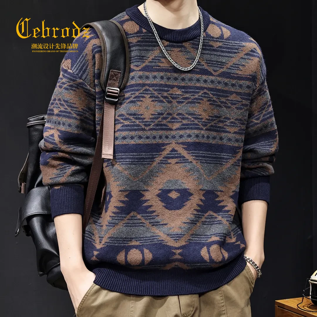 法国Cebrodz复古费尔岛图案民族风毛衣男秋冬高端针织毛线衣卫衣