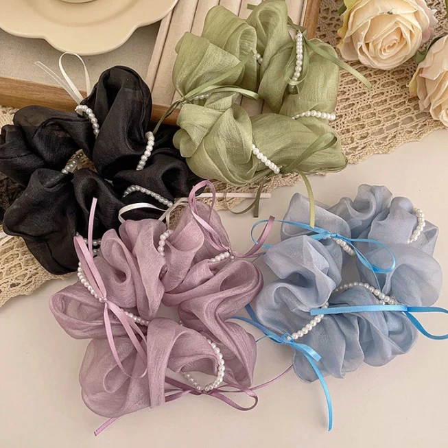 法式珍珠蝴蝶结网纱大肠发圈女发绳高级感头绳百搭发绳扎头发皮筋