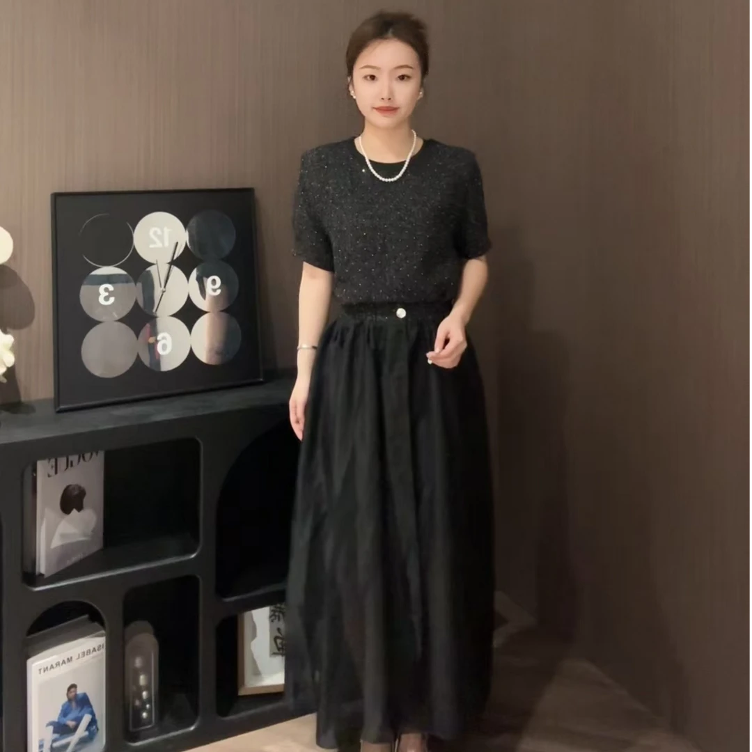 松紧腰休闲风吊带圆领时尚轻奢黑色夏季连衣裙泡泡袖俩件套